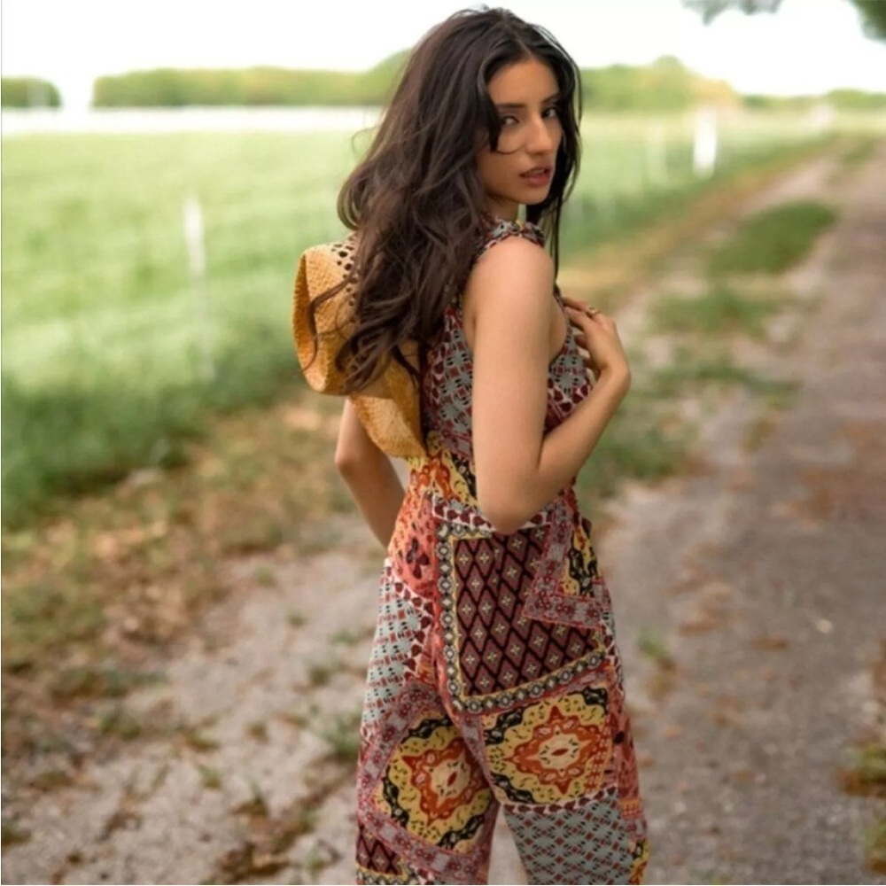 Anthropologie Mairi Harlyn Colorful Patchwork Jumpsuit Shoulder Tie S Petite NEW